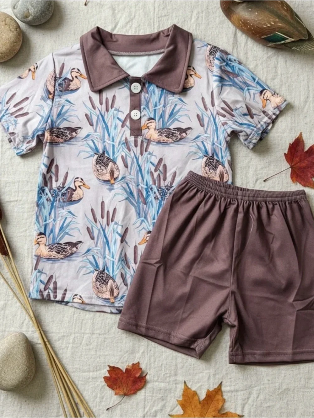 Kids Duck Print Polo Set in Brown and Blue